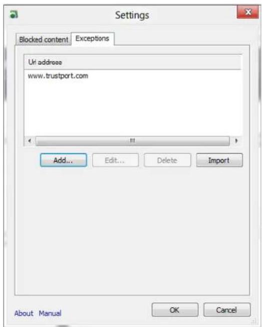 Settings Blocked content Exceptions Url address www.trustport.com Add... Edit... Delete Import About Manual OK Cancel