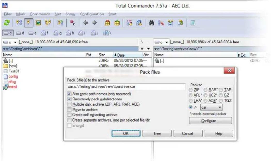 Total Commander 7.57a - AEC Ltd. Files Mark Commands Net Show Configuration Start c d e f g h i c [none] 18,906,896 k of 45,648,696 k free c:\Testing\archives\** Name Ext Size Date Attr Name Ext Size [.] 05/30/2012 07:35--- [new] 05/30/2012 07:35--- Pack files Pack 3 file(s) to the archive car:c:\Testing\archives\new\tparchive.car ✓ Also pack path names (only recursed) ✓ Recursively pack gubdirectories □ Multiple disk archive (ZIP, ARJ, RAR, ACE) □ Move to archive □ Create self extracting archive □ Create separate archives, one per selected file/dir □ Encrypt Packer ○ ZIP ○ BAR* ○ IAR ○ ARJ* ○ UC2* ○ GZ ○ LHA* ○ ACE* ○ TGZ ● > car *needs external packer Configure... OK Tree Cancel Help