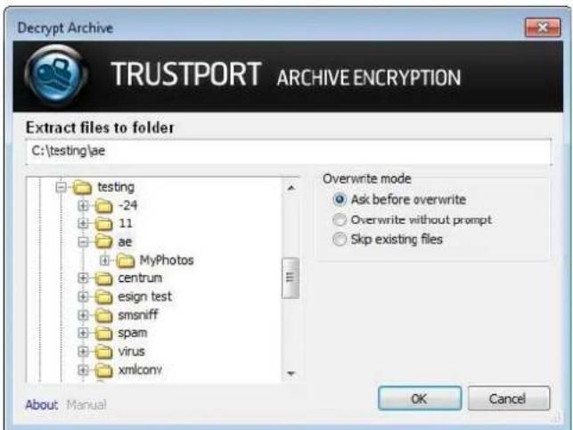 Decrypt Archive TRUSTPORT ARCHIVE ENCRYPTION Extract files to folder C:\testing\ae testing -24 11 ae MyPhotos centrum esign test smsniff spam virus xmlconv Overwrite mode Ask before overwrite Overwrite without prompt Skip existing files About: Manual OK Cancel