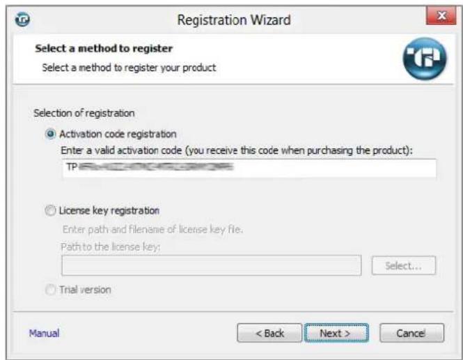 Registration Wizard Select a method to register Select a method to register your product Selection of registration Activation code registration Enter a valid activation code (you receive this code when purchasing the product): TP License key registration Enter path and filename of license key file. Path to the license key: Select... Trial version Manual < Back Next > Cancel