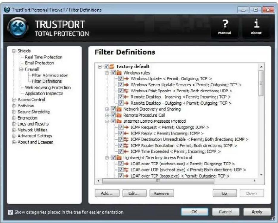 TrustPort Personal Firewall / Filter Definitions TRUSTPORT TOTAL PROTECTION ? Manual i About Filters Definitions Factory default Windows rules → Windows Update < Permit; Outgoing; TCP > → Windows Server Update Services < Permit; Outgoing; TCP > → Windows Print Spooler < Permit; Both directions; UDP > → Remote Desktop - Incoming < Permit; Incoming; TCP > → Remote Desktop - Outgoing < Permit; Outgoing; TCP > → Network Discovery and Sharing → Remote Procedure Call → Internet Control Message Protocol → ICMP Request < Permit; Outgoing; ICMP > → ICMP Reply < Permit; Incoming; ICMP > → ICMP Destination Unreachable < Permit; Both directions; ICMP > → ICMP Router Solicitation < Permit; Both directions; ICMP > → ICMP Time Exceeded < Permit; Incoming; ICMP > → Lightweight Directory Access Protocol → LDAP over TCP (svchost.exe) < Permit; Outgong; TCP > → LDAP over UDP (svchost.exe) < Permit; Both directions; UDP > → LDAP over TCP (lsass.exe) < Permit; Outgoing; TCP > Add... Edit... Remove Up Down Show categories placed in the tree for easier orientation OK Cancel Apply