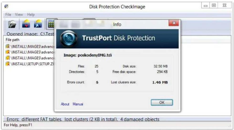 Disk Protection CheckImage File View Help Info TrustPort Disk Protection Image: poskodenyIMG.tdi Files: 25 Disk size: 32.50 MB Directories: 5 Free disk space: 294 KB Errors count: 6 Lost clusters size: 1.46 MB About Manual OK Errors: different FAT tables. lost clusters (2 KB in total). 4 damaged objects For Help, press F1