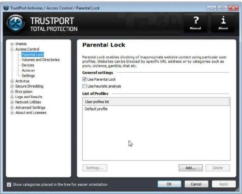TrustPort Antivirus / Access Control / Parental Lock TRUSTPORT TOTAL PROTECTION ? Manual i About Shields Access Control Parental Lock Volumes and Directories Devices Autorun Settings Antivirus Secure Shredding Encryption Logs and Results Network Utilities Advanced Settings About and Licenses Parental Lock Parental Lock enables blocking of inappropriate website content using particular user profiles. Websites can be blocked by specific URL address or by categories such as porn, violence, gamble, chat etc. General settings Use Parental Lock Use heuristic analysis List of Profiles User profiles list Default profile Settings... Add... Delete Show categories placed in the tree for easier orientation OK Cancel Apply