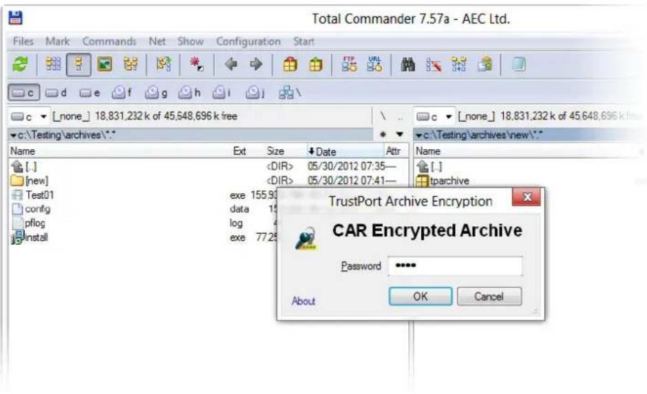 Total Commander 7.57a - AEC Ltd. Files Mark Commands Net Show Configuration Start c d e f g h i c ▼ [none] 18,831,232 k of 45,648,696 k free c:\Testing\archives\* Name Ext Size Date Attr Name [.] 05/30/2012 07:35— [new] 05/30/2012 07:41— Test01 config pfllog install exe 155.93 data 13 log 4 exe 77.25 TrustPort Archive Encryption CAR Encrypted Archive Password ****** About OK Cancel