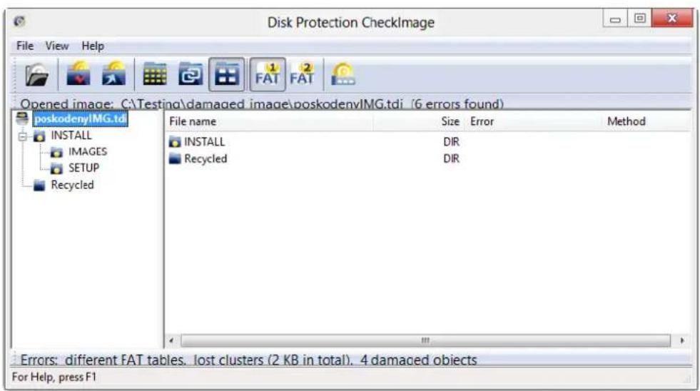 Disk Protection CheckImage File View Help Opened image: C:\Testing\damaged_image\poskodenvIMG.tdi (6 errors found) poskodenvIMG.tdi INSTALL IMAGES SETUP Recycled File name Size ErrorHALO INSTALL DIR Recycled DIR Errors: different FAT tables. lost clusters (2 KB in total). 4 damaged objects For Help, press F1