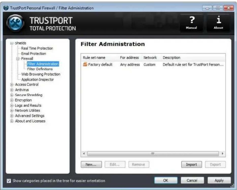 TrustPort Personal Firewall / Filter Administration TRUSTPORT TOTAL PROTECTION ? Manual i About Shields Real Time Protection Email Protection Firewall Filter Administration Filter Definitions Web Browsing Protection Application Inspector Access Control Antivirus Secure Shredding Encryption Logs and Results Network Utilities Advanced Settings About and Licenses Filter Administration Rule set name For address Network Description Factory default Any address Custom Default rule set for TrustPort Person... New... Edit... Remove Import Export Show categories placed in the tree for easier orientation OK Cancel Apply