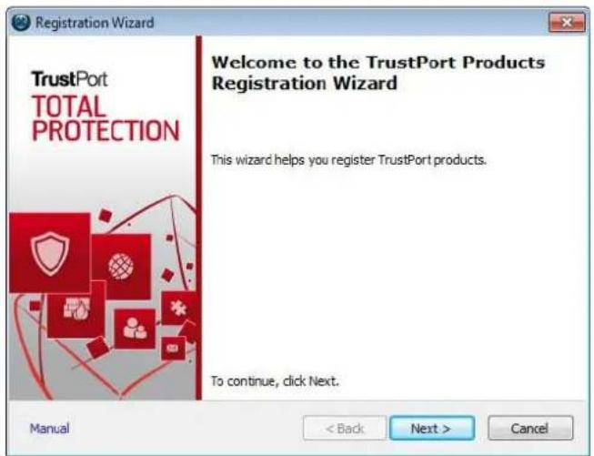 Registration Wizard Welcome to the TrustPort Products Registration Wizard TrustPort TOTAL PROTECTION This wizard helps you register TrustPort products. To continue, click Next. Manual < Back Next > Cancel