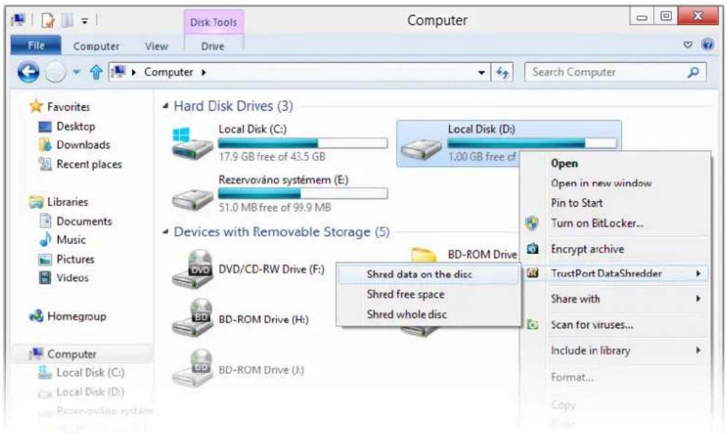 Disk Tools File Computer View Drive Computer Search Computer Favorites Desktop Downloads Recent places Libraries Documents Music Pictures Videos Homegroup Computer Local Disk (C:) 17.9 GB free of 43.5 GB Rezervováno systémem (E:) 51.0 MB free of 99.9 MB Devices with Removable Storage (5) DVD/CD-RW Drive (F:) BD-ROM Drive (H:) BD-ROM Drive (J:) Hard Disk Drives (3) Local Disk (C:) 1.00 GB free of Local Disk (D:) Shred data on the disc Shred free space Shred whole disc Open Open in new window Pin to Start Turn on BitLocker... Encrypt archive TrustPort DataShredder Share with Scan for viruses... Include in library Format... Copy