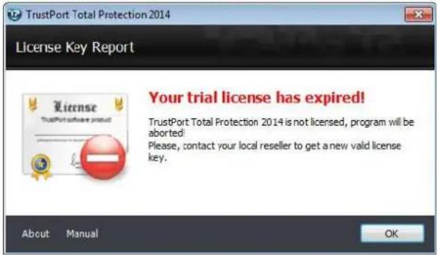 TrustPort Total Protection 2014 License Key Report Your trial license has expired! TrustPort Total Protection 2014 is not licensed, program will be aborted! Please, contact your local reseller to get a new valid license key. About Manual OK
