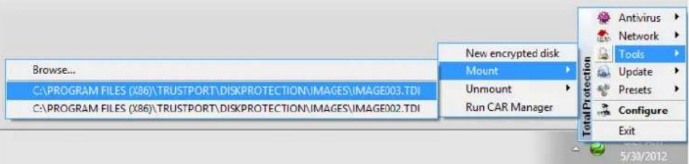 Browse... C:\PROGRAM FILES (X86)\TRUSTPORT\DISKPROTECTION\IMAGES\IMAGE03.TDI C:\PROGRAM FILES (X86)\TRUSTPORT\DISKPROTECTION\IMAGES\IMAGE02.TDI New encrypted disk Mount Unmount Run CAR Manager Antivirus Network Tools Update Presets Configure Exit 5/30/2012