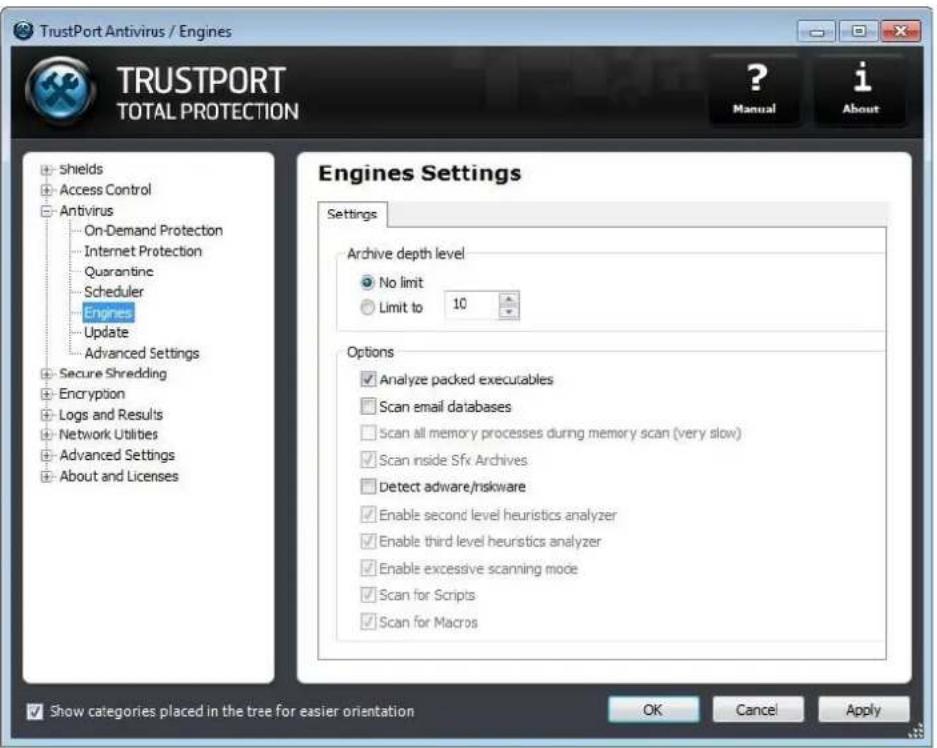 TrustPort Antivirus / Engines TRUSTPORT TOTAL PROTECTION ? Manual i About Shields Access Control Antivirus On-Demand Protection Internet Protection Quarantine Scheduler Engines Update Advanced Settings Secure Shredding Encryption Logs and Results Network Utilities Advanced Settings About and Licenses Engines Settings Settings Archive depth level No limit Limit to 10 Options Analyze packed executables Scan email databases Scan all memory processes during memory scan (very slow) Scan inside Sfx Archives Detect adware/riskware Enable second level heuristics analyzer Enable third level heuristics analyzer Enable excessive scanning mode Scan for Scripts Scan for Macros Show categories placed in the tree for easier orientation OK Cancel Apply