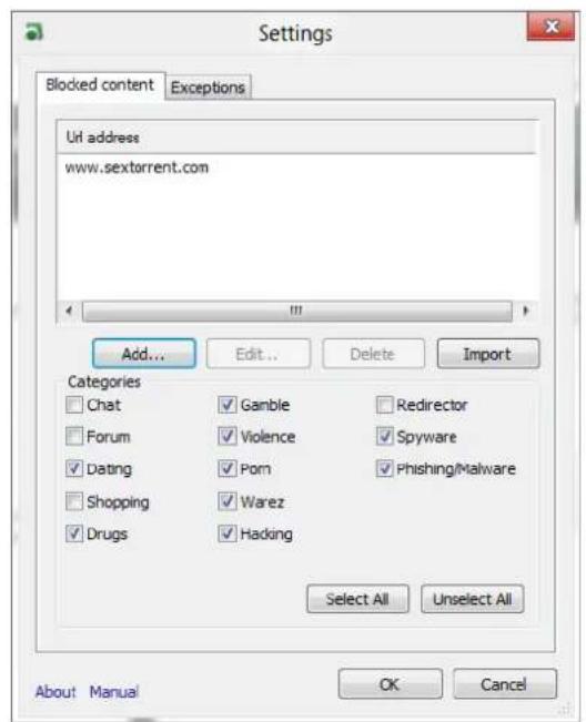 Settings Blocked content Exceptions Url address www.sextorrent.com Add... Edit... Delete Import Categories Chat Gamble Redirector Forum Violence Spyware Dating Pom Phishing/Malware Shopping Warez Drugs Hacking Select All Unselect All About Manual OK Cancel