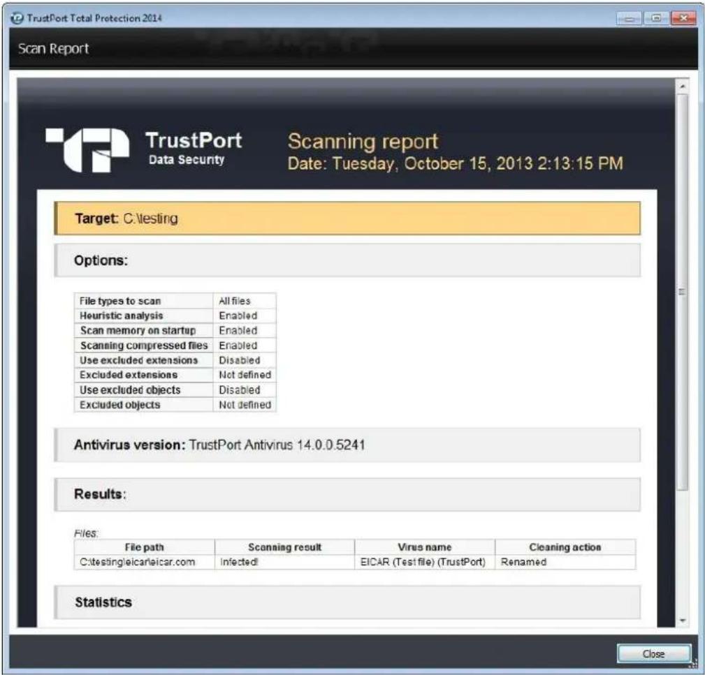 TrustPort Total Protection 2014 Scan Report TrustPort Data Security Scanning report Date: Tuesday, October 15, 2013 2:13:15 PM Target: C:\testing Options: File types to scan All files Heuristic analysis Enabled Scan memory on startup Enabled Scanning compressed files Enabled Use excluded extensions Disabled Excluded extensions Not defined Use excluded objects Disabled Excluded objects Not defined Antivirus version: TrustPort Antivirus 14.0.0.5241 Results: Files: File path Scanning result Virus name Cleaning action C:\testing\icarleicar.com Infected\EICAR (Test file) (TrustPort) Renamed Statistics Close