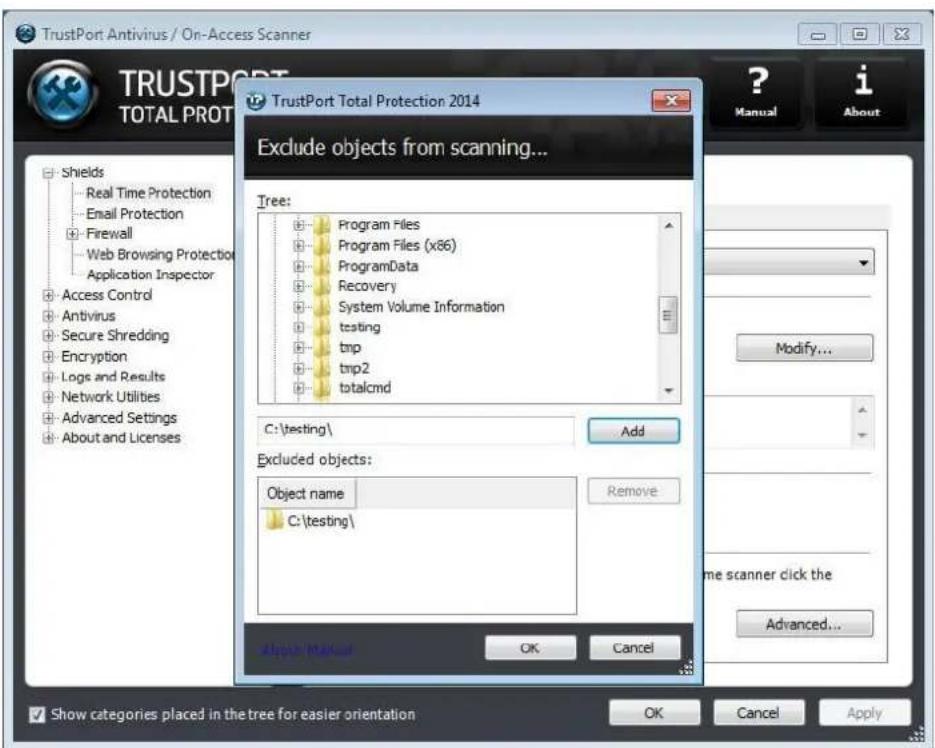 TrustPort Antivirus / On-Access Scanner TRUSTPORT TOTAL PROTE TrustPort Total Protection 2014 Exclude objects from scanning... Tree: Program Files Program Files (x86) ProgramData Recovery System Volume Information testing tmp tmp2 totalcmd C:\testing\ Add Excluded objects: Object name C:\testing\ Remove About Manual OK Cancel Show categories placed in the tree for easier orientation OK Cancel Apply ? Manual i About