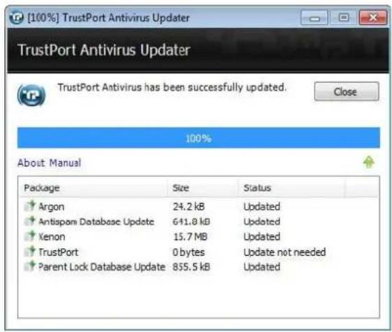 [100%] TrustPort Antivirus Updater TrustPort Antivirus Updater TrustPort Antivirus has been successfully updated. Close 100% About Manual Package Size Status Argon 24.2 kB Updated Antispan Database Update 641.8 kB Updated Kenon 15.7 MB Updated TrustPort 0 bytes Update not needed Parent Lock Database Update 855.5 kB Updated