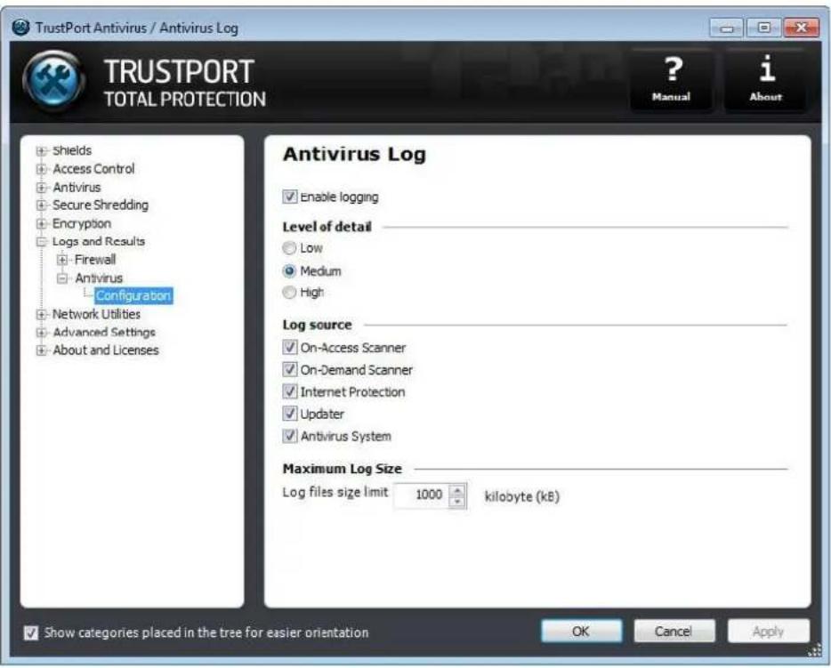 TrustPort Antivirus / Antivirus Log TRUSTPORT TOTAL PROTECTION ? Manual i About Antivirus Log Enable logging Level of detail Low Medium High Log source On-Access Scanner On-Demand Scanner Internet Protection Updater Antivirus System Maximum Log Size Log files size limit 1000 kilobyte (kB) Show categories placed in the tree for easier orientation OK Cancel Apply
