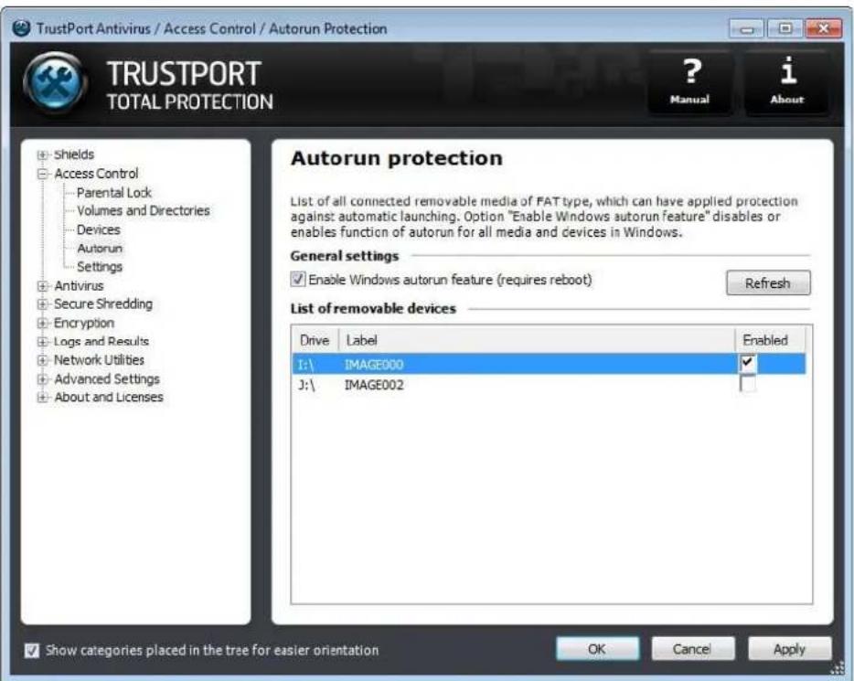 TrustPort Antivirus / Access Control / Autorun Protection TRUSTPORT TOTAL PROTECTION ? Manual i About Shields Access Control Parental Lock Volumes and Directories Devices Autorun Settings Antivirus Secure Shredding Encryption Logs and Results Network Utilities Advanced Settings About and Licenses Autorun protection List of all connected removable media of FAT type, which can have applied protection against automatic launching. Option "Enable Windows autorun feature" disables or enables function of autorun for all media and devices in Windows. General settings Enable Windows autorun feature (requires reboot) Refresh List of removable devices Drive Label Enabled I:\ IMAGE000 J:\ IMAGE002 Show categories placed in the tree for easier orientation OK Cancel Apply