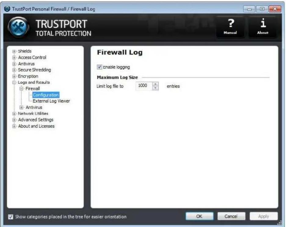 TrustPort Personal Firewall / Firewall Log TRUSTPORT TOTAL PROTECTION Shields Access Control Antivirus Secure Shredding Encryption Logs and Results Firewall Configuration External Log Viewer Antivirus Network Utilities Advanced Settings About and Licenses Firewall Log Enable logging Maximum Log Size Limit log file to 1000 entries Show categories placed in the tree for easier orientation OK Cancel Apply