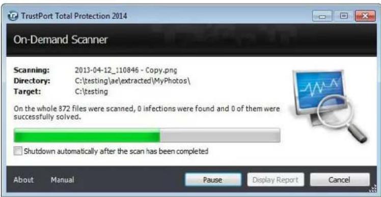 TrustPort Total Protection 2014 On-Demand Scanner Scanning: 2013-04-12_110846 - Copy.png Directory: C:\testing\ae\extracted\MyPhotos\ Target: C:\testing On the whole 872 files were scanned, 0 infections were found and 0 of them were successfully solved. Shutdown automatically after the scan has been completed About Manual Pause Display Report Cancel