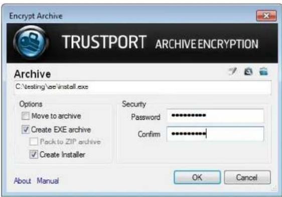 Encrypt Archive TRUSTPORT ARCHIVE ENCRYPTION Archive C:\nesting\ae\install.exe Options Move to archive Create EXE archive Pack to ZIP archive Create Installer Security Password Confirm About Manual OK Cancel