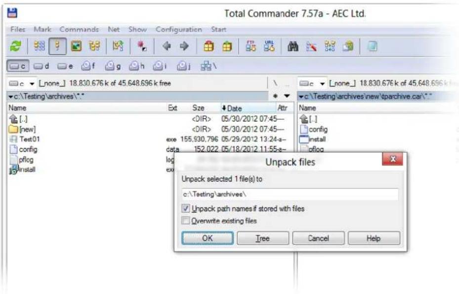 Total Commander 7.57a - AEC Ltd. Files Mark Commands Net Show Configuration Start c d e f g h i c ▼ [none] 18.830.676 k of 45.648.696 k free c:\Testing\archives\* Name Ext Size Date Attr [.] 05/30/2012 07:45— [new] 05/30/2012 07:45— Test01 exe 155,530,796 05/29/2012 13:24-a- config data 152.022 05/18/2012 11:55-a- pflog log Install ex Unpack files Unpack selected 1 file(s) to c:\Testing\archives\ ✓ Unpack path names if stored with files □ Overwrite existing files OK Tree Cancel Help
