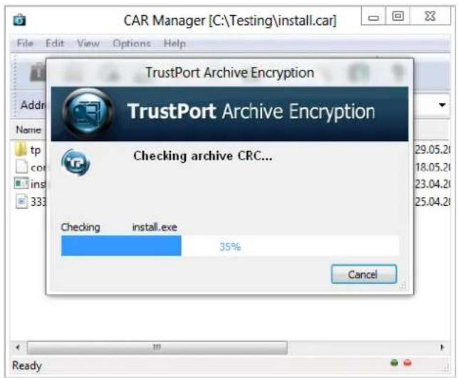 CAR Manager [C:\Testing\install.car] File Edit View Options Help TrustPort Archive Encryption Addn Name tp cor inst 333 TrustPort Archive Encryption Checking archive CRC... Checking install.exe 35% Cancel Ready