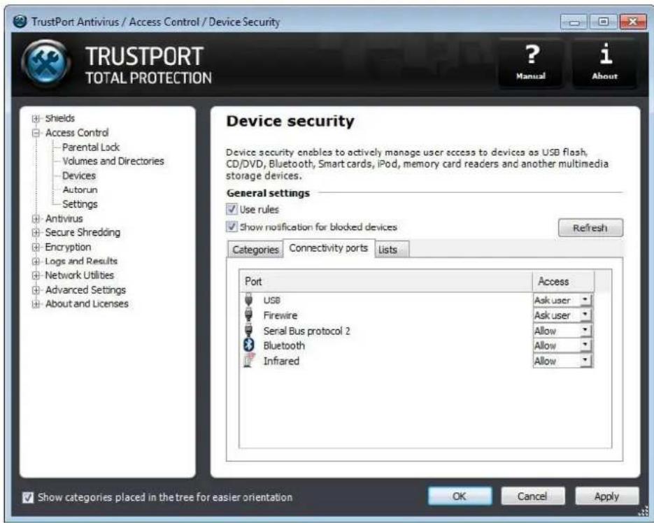 TrustPort Antivirus / Access Control / Device Security TRUSTPORT TOTAL PROTECTION ? Manual i About Device security Device security enables to actively manage user access to devices as USB flash, CD/DVD, Bluetooth, Smart cards, iPod, memory card readers and another multimedia storage devices. General settings ✓ Use rules ✓ Show notification for blocked devices Refresh Categories Connectivity ports Lists Port Access USB Firewire Serial Bus protocol 2 Bluetooth Infrared Ask user Ask user Allow Allow Allow ✓ Show categories placed in the tree for easier orientation OK Cancel Apply
