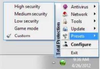 High security Medium security Low security Game mode ✓ Custom Antivirus ▶ Network ▶ Tools ▶ Update ▶ Presets ▶ Configure Exit 9:36 AM 4/26/2012