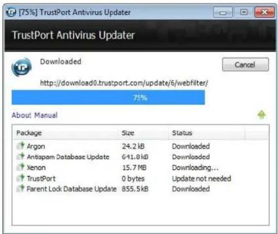 [75%] TrustPort Antivirus Updater TrustPort Antivirus Updater Downloaded http://download0.trustport.com/update/6/webfilter/ 75% About Manual Package Size Status Argon 24.2 kB Downloaded Antispam Database Update 611.8 kB Downloaded Xenon 15.7 MB Downloading... TrustPort 0 bytes Update not needed Parent Lock Database Update 855.5 kB Downloaded