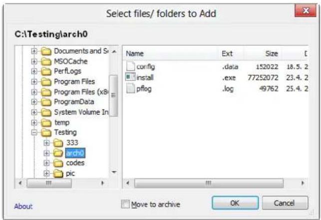 Select files/ folders to Add C:\Testing\arch0 Documents and S MSOCache PerfLogs Program Files Program Files (x8) ProgramData System Volume In temp Testing 333 arch0 codes pic Name Ext Size config .data 152022 18.5.2 install .exe 77252072 23.4.2 pfllog .log 49762 25.4.2 About Move to archive OK Cancel