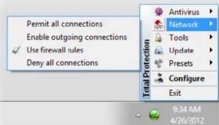 Permit all connections Enable outgoing connections ✓ Use firewall rules Deny all connections Antivirus Network Tools Update Presets Configure Exit 9:34 AM 4/26/2012