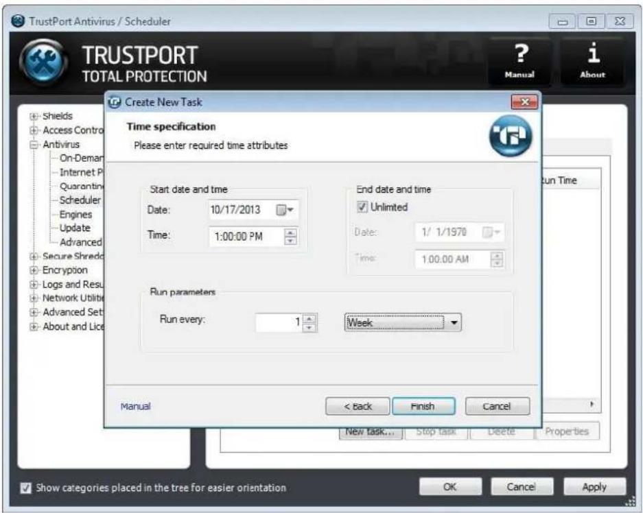 TrustPort Antivirus / Scheduler TRUSTPORT TOTAL PROTECTION ? Manual i About Create New Task Time specification Please enter required time attributes Start date and time Date: 10/17/2013 Time: 1:00:00 PM End date and time ✓ Unlimited Date: 1/ 1/1970 Time: 1:00.00 AM Run Time Run parameters Run every: 1 Week Manual < Back Finish Cancel New task... Stop task Delete Properties Show categories placed in the tree for easier orientation OK Cancel Apply