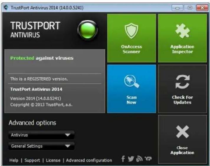 TrustPort Antivirus 2014 (14.0.0.5241) TRUSTPORT ANTIVIRUS Protected against viruses This is a REGISTERED version. TrustPort Antivirus 2014 Version 2014 (14.0.0.5241) Copyright © 2013 TrustPort, a.s. Advanced options Antivirus General Settings Help | Support | License | Advanced configuration OnAccess Scanner Application Inspector Scan Now Check For Updates Close Application