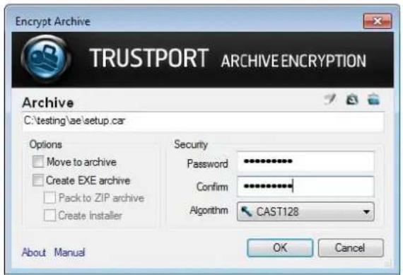 Encrypt Archive TRUSTPORT ARCHIVE ENCRYPTION Archive C:\testing\ae\setup.car Options Move to archive Create EXE archive Pack to ZIP archive Create installer Security Password Confirm Algorithm CAST128 About Manual OK Cancel