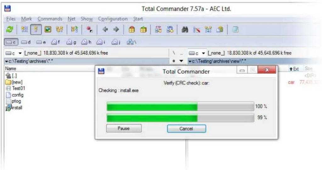 Total Commander 7.57a - AEC Ltd. Files Mark Commands Net Show Configuration Start c ▼ [none] 18,830,308 k of 45,648,696 k free c ▼ [none] 18,830,308 k of 45,648,696 k free c:\Testing\archives\* Name [·] [new] Test01 config plog Install Total Commander Verify (CRC check): car: Checking : install.exe 100 % 99 % Pause Cancel Ext Size car 77,438