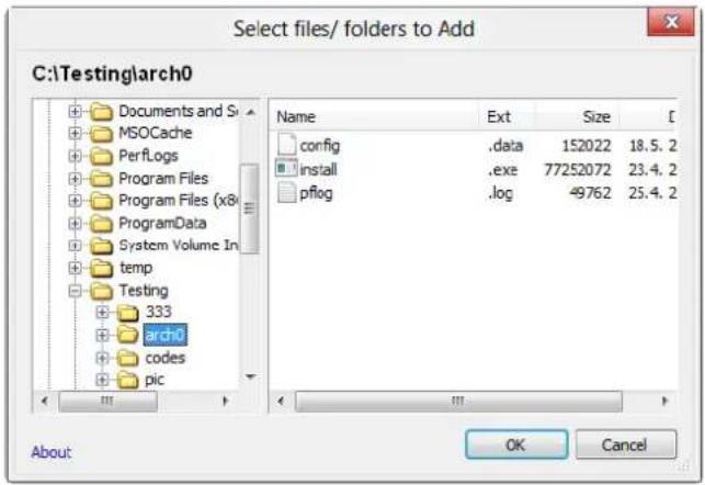 Select files/ folders to Add C:\Testing\arch0 Documents and S MSOCache PerfLogs Program Files Program Files (x8) ProgramData System Volume In temp Testing 333 arch0 codes pic Name Ext Size [1] config .data 152022 18.5.2 install .exe 77252072 23.4.2 pfllog .log 49762 25.4.2 About OK Cancel
