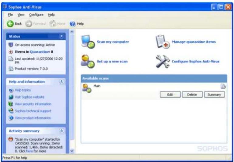 Sophos Anti-Virus File View Configure Help Back Forward None Help Status On-access scanning: Active Items in Quarantine: 0 Last updated: 11/27/2006 12:20 PM Product version: 7.0.0 Help and information Help topics Visit Sophos website View security information Sophos technical support View product information Activity summary "Scan my computer" started by CASSSid. Scan running. Items scanned: 1,466. Items detected: B. Click here for more Scan my computer Manage quarantine items Set up a new scan Configure Sophos Anti-Virus Available scans Main Edit Delete Summary Press F1 for help