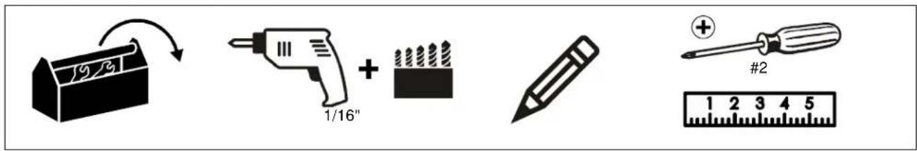 Diagram showing four different tools and a ruler: a battery, a screwdriver, a pencil, and a screwdriver with a plus sign.