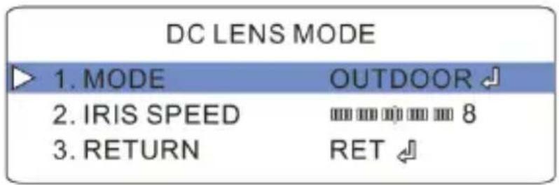 DC LENS MODE 1. MODE OUTDOOR ↓ 2. IRIS SPEED 8 3. RETURN RET ↓