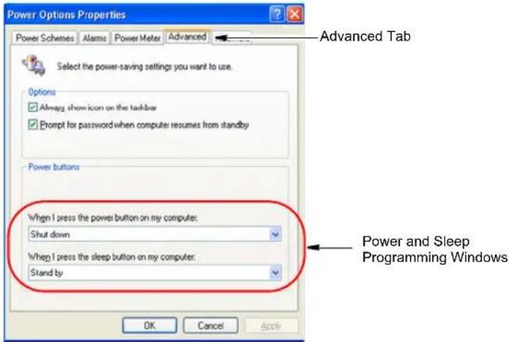 Power Options Properties Power Schemes Alarms Power Meter Advanced Select the power-saving settings you want to use. Options ✓ Always show icon on the taskbar ✓ Prompt for password when computer resumes from standby Power buttons When I press the power button on my computer: Shut down When I press the sleep button on my computer: Stand by Advanced Tab Power and Sleep Programming Windows OK Cancel Apply