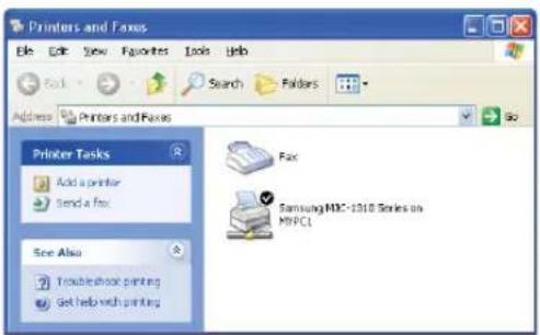 Printers and Faxes File Edit View Favorites Tools Help Back Search Polders Address Printers and Faxes Go Printer Tasks Add a printer Send a fax See Also Troubleshoot printing Get help with printing Fax Samsung HXC-1010 Series on MPC1