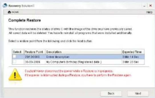 SAMSUNG NP-Q1UC - Available restoration points for the Complete Restore function - 1