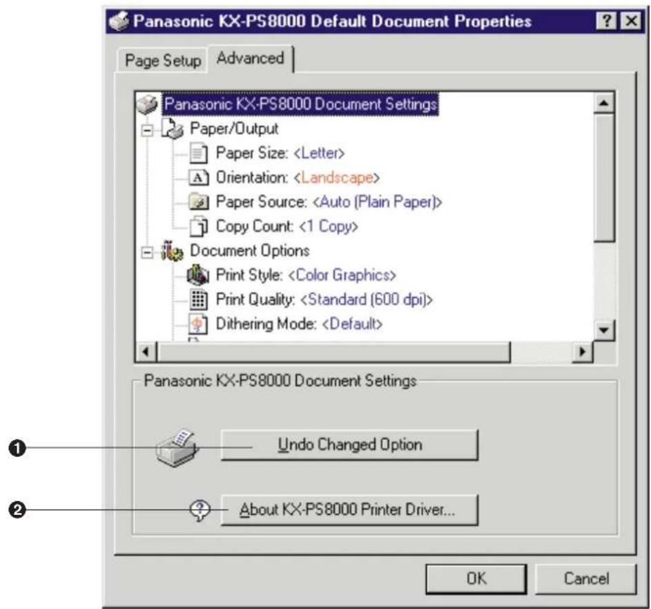 Panasonic KX-PS8000 Default Document Properties Page Setup Advanced Panasonic KX-PS8000 Document Settings Paper/Output Paper Size: Orientation: Paper Source: Copy Count: <1 Copy> Document Options Print Style: Print Quality: Dithering Mode: Panasonic KX-PS8000 Document Settings Undo Changed Option About KX-PS8000 Printer Driver... OK Cancel