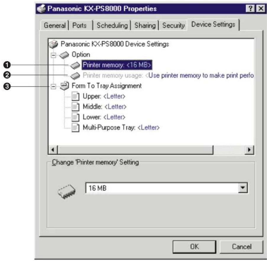 Panasonic KX-PS8000 Properties General Ports Scheduling Sharing Security Device Settings Panasonic KX-PS8000 Device Settings Option Printer memory: <16 MB> Printer memory usage: