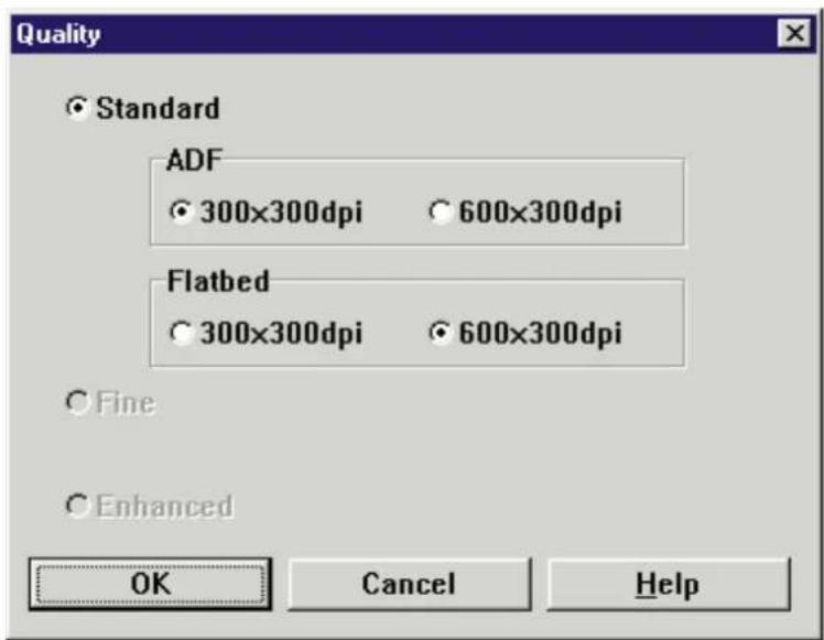 Quality Standard ADF 300x300dpi 600x300dpi Flatbed 300x300dpi 600x300dpi Fine Enhanced OK Cancel Help