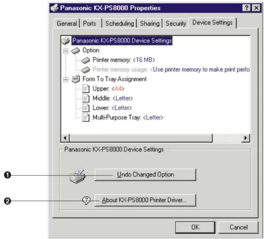 Panasonic KX-PS8000 Properties General Ports Scheduling Sharing Security Device Settings Panasonic KX-PS8000 Device Settings Option Printer memory: <16 MB> Printer memory usage: