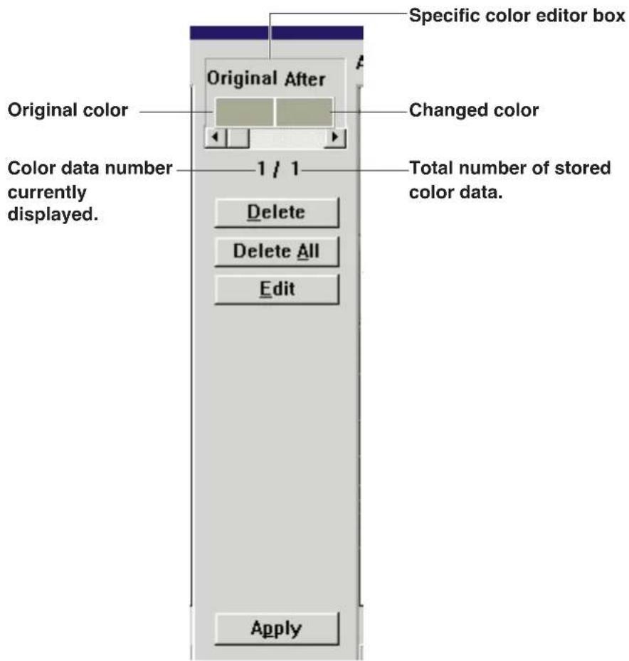 Specific color editor box Original After Changed color Color data number currently displayed. 1 / 1 Total number of stored color data. Delete Delete All Edit Apply