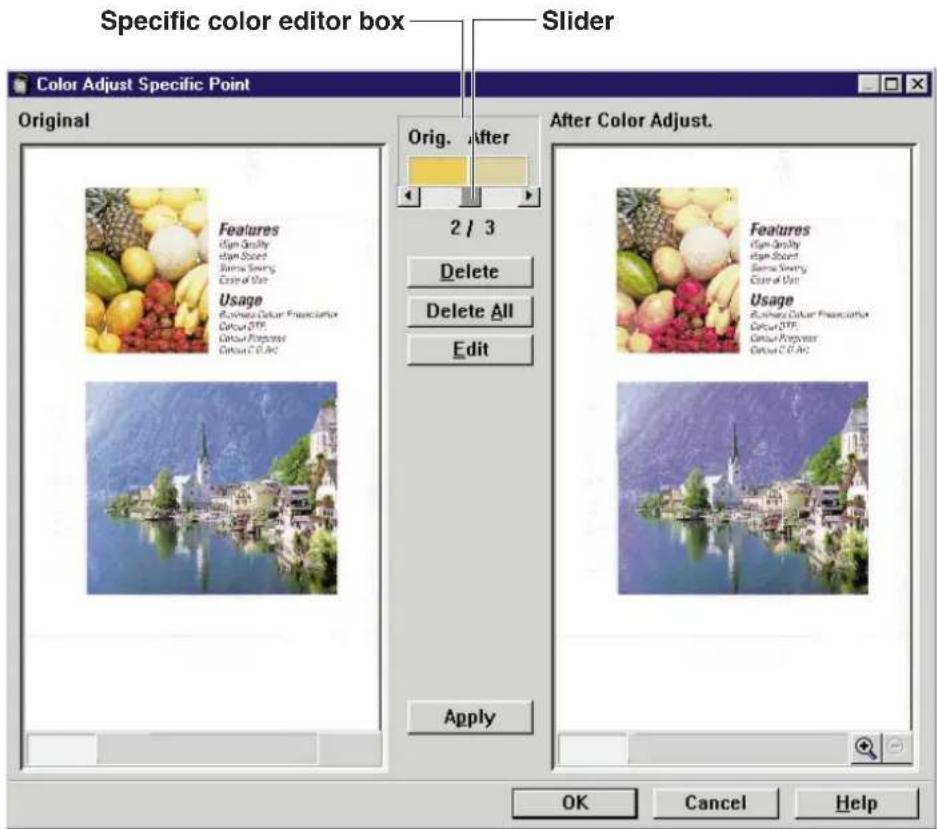 Specific color editor box Slider Color Adjust Specific Point Original Orig. After 2 / 3 After Color Adjust. Features Sign Quality Sign Speed Sierra Swing Case of Use Usage Business Color Preference Colour OTT Colour Response Colour C.E.Arc Features Sign Quality Sign Speed Sierra Swing Case of Use Usage Business Color Preference Colour OTT Colour Response Colour C.E.Arc Apply OK Cancel Help