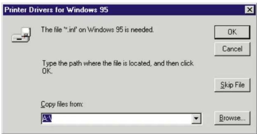 Printer Drivers for Windows 95 The file *.inf" on Windows 95 is needed. OK Cancel Type the path where the file is located, and then click OK. Skip File Copy files from: Browse...