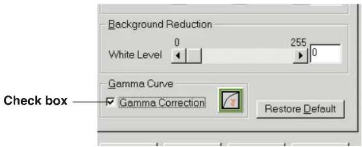 Background Reduction White Level 0 255 0 Gamma Curve ✓ Gamma Correction Restore Default Check box